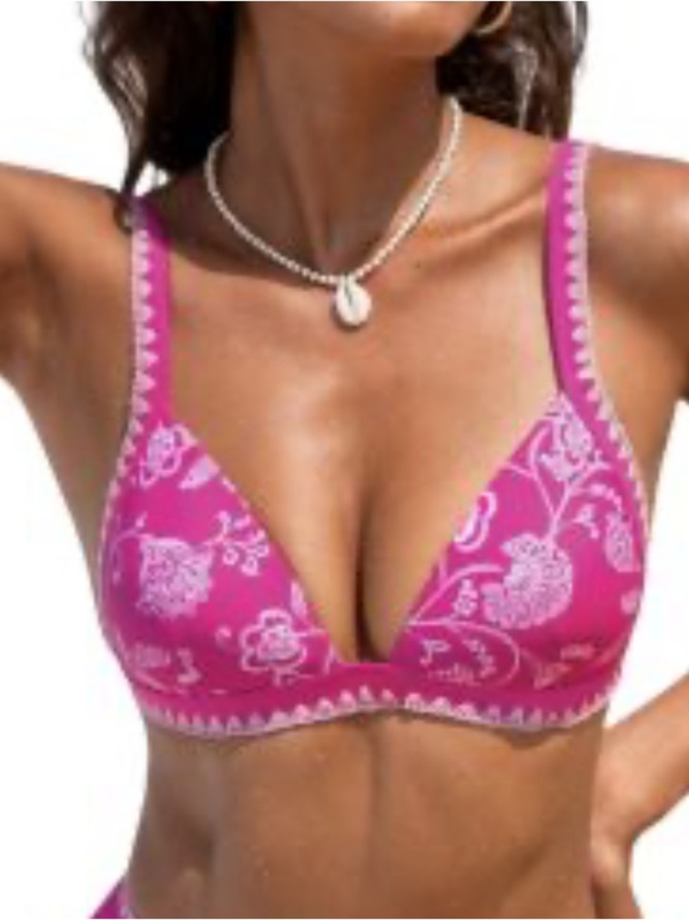 Cupshe Woman’s Vina Hot Pink Embroidered Trim Bikini Top Back Hook Closure Large